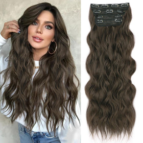 ALXNAN Long Wavy Clip in Hair Extensions 24" Ash Brown front view