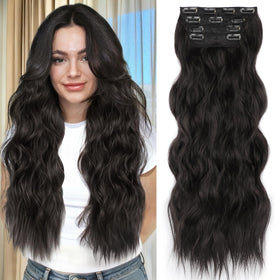 ALXNAN Long Wavy Clip in Hair Extensions 24" Black Brown front view
