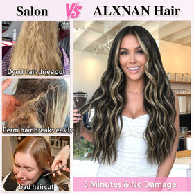 ALXNAN Long Wavy Clip in Hair Extensions 24" Black Mix Blonde close-up of clips