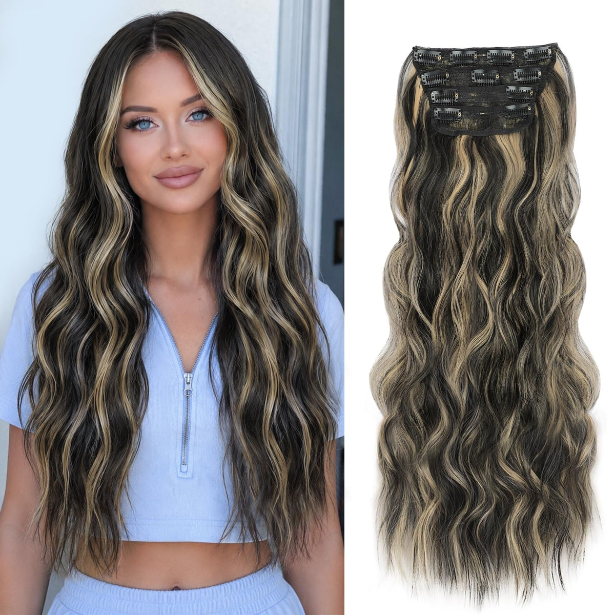 ALXNAN Long Wavy Clip in Hair Extensions 24" Black Mix Blonde front view
