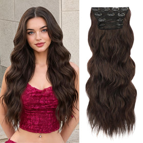 ALXNAN Long Wavy Clip in Hair Extensions 24" Chocolate Brown front view