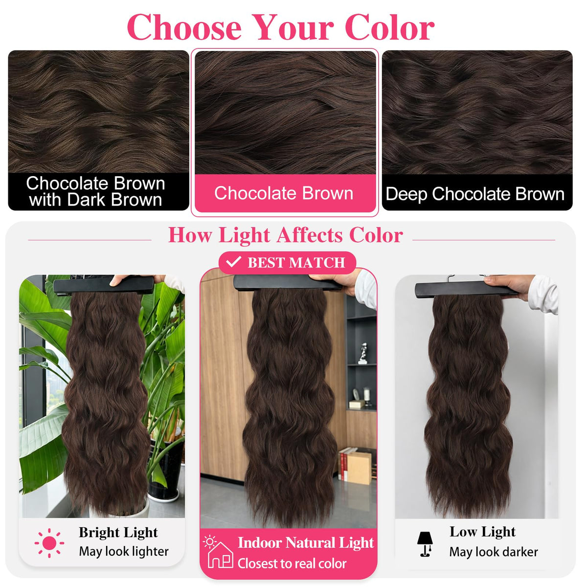 ALXNAN Long Wavy Clip in Hair Extensions 24" Chocolate Brown in natural light
