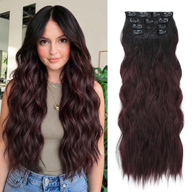 ALXNAN Long Wavy Clip in Hair Extensions 24 inch Black Brown to Dark Burgundy front view