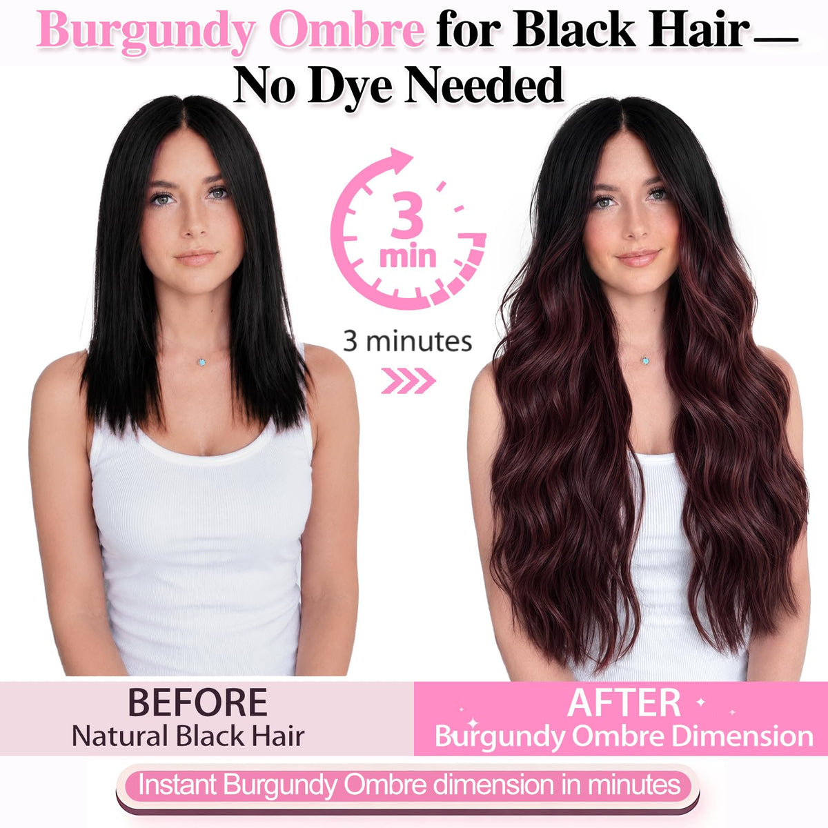 ALXNAN Long Wavy Clip in Hair Extensions 24 inch Black Brown to Dark Burgundy side view