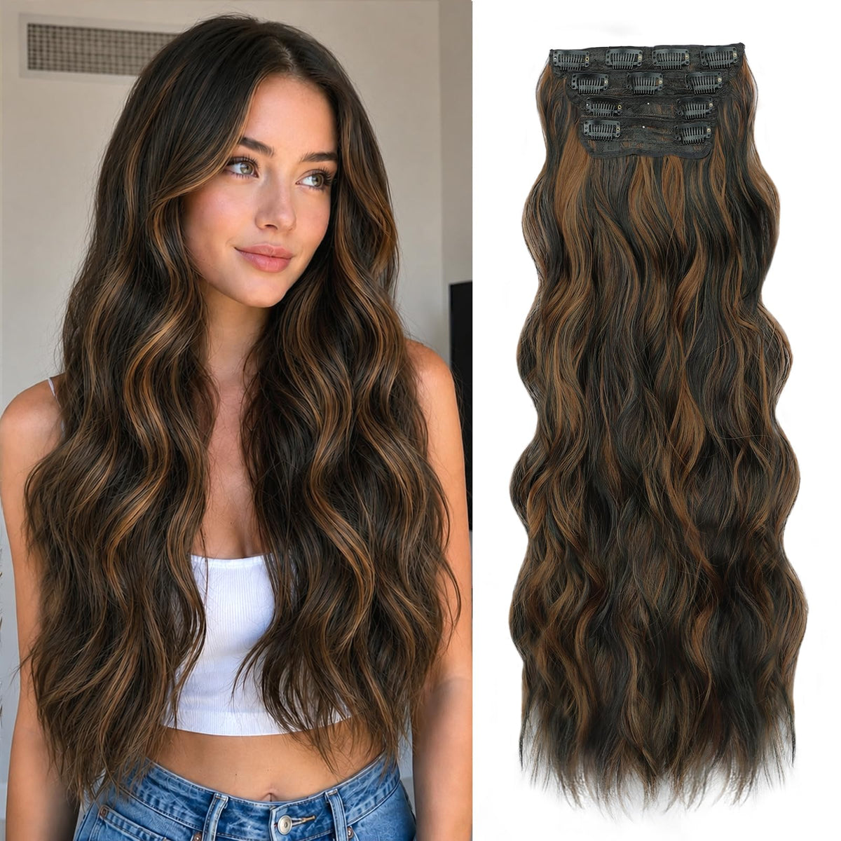 ALXNAN Long Wavy Clip in Hair Extensions 24 inch Black Brown with Caramel Highlights front view