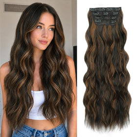 ALXNAN Long Wavy Clip in Hair Extensions 24 inch Black Brown with Caramel Highlights front view