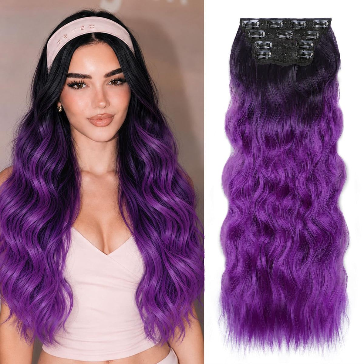 ALXNAN Long Wavy Clip in Hair Extensions 24-inch black to bright purple ombre front view