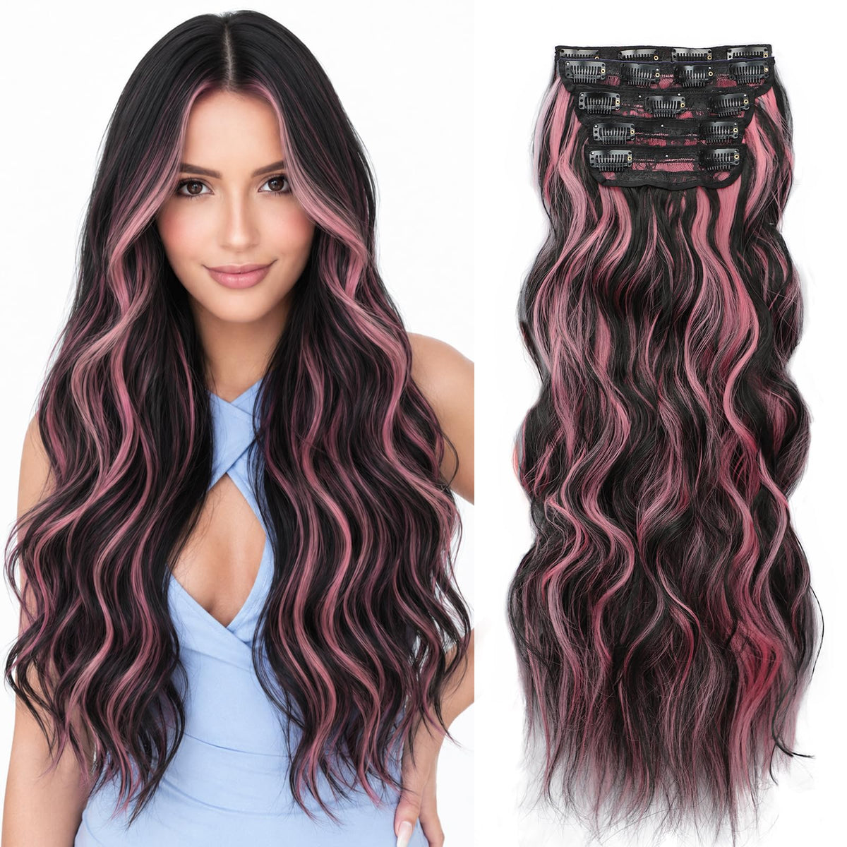 ALXNAN Long Wavy Clip in Hair Extensions 24-inch black with pink highlights front view