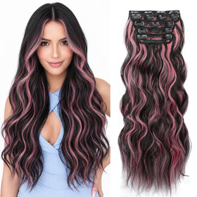 ALXNAN Long Wavy Clip in Hair Extensions 24-inch black with pink highlights front view