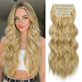ALXNAN Long Wavy Clip in Hair Extensions 24-inch blonde highlighted front view