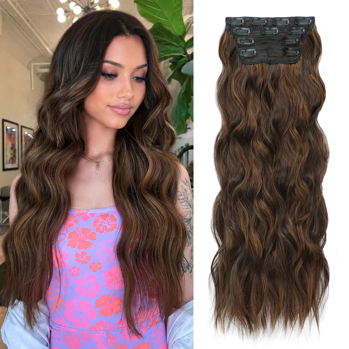 ALXNAN Long Wavy Clip in Hair Extensions 24 inch brown with caramel highlights front view