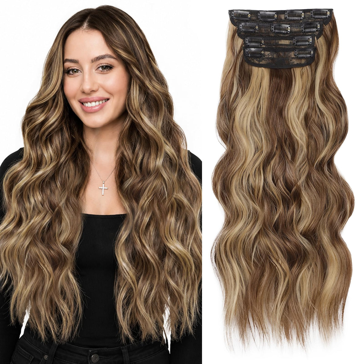 ALXNAN Long Wavy Clip in Hair Extensions 24-inch chocolate brown to honey blonde front view