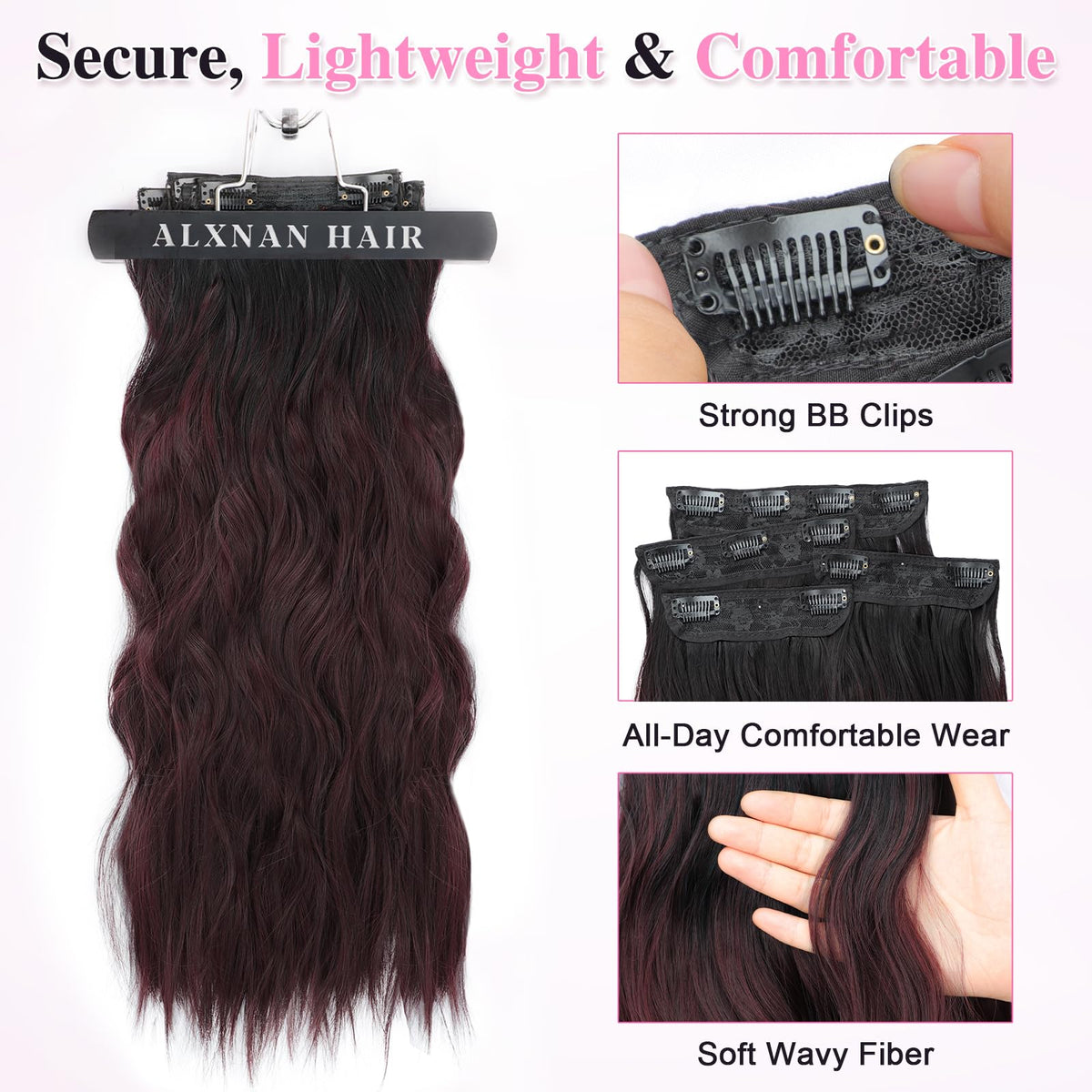 ALXNAN Long Wavy Clip in Hair Extensions 24 inch close-up of clips