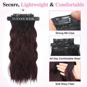 ALXNAN Long Wavy Clip in Hair Extensions 24 inch close-up of clips