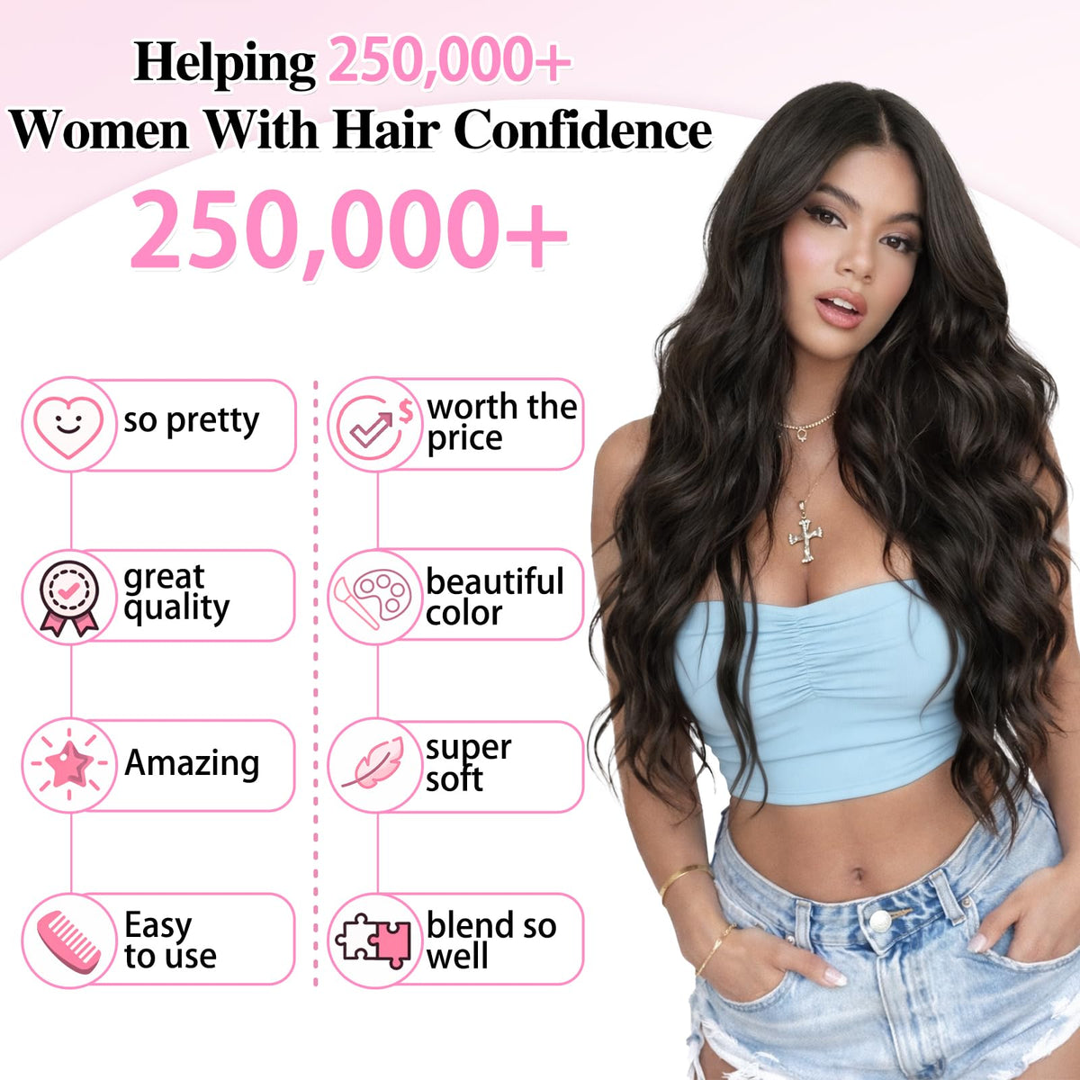 ALXNAN Long Wavy Clip in Hair Extensions 24-inch Dark Brown back view