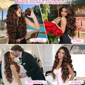 ALXNAN Long Wavy Clip in Hair Extensions 24-inch Dark Brown close-up of clips