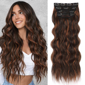 ALXNAN Long Wavy Clip in Hair Extensions 24-inch Dark Brown front view