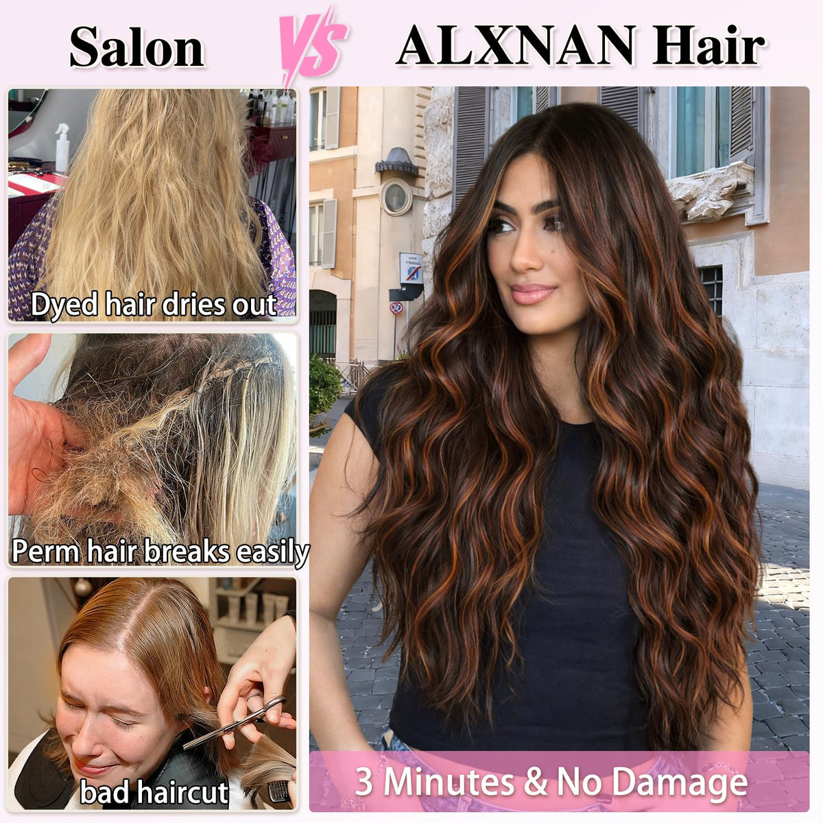 ALXNAN Long Wavy Clip in Hair Extensions 24-inch Dark Brown side view
