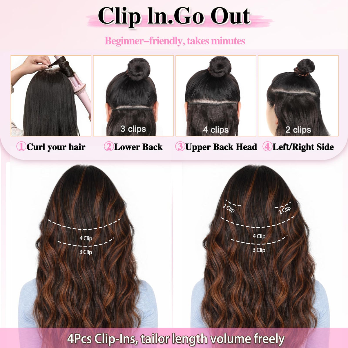 ALXNAN Long Wavy Clip in Hair Extensions 24-inch Dark Brown styled on mannequin