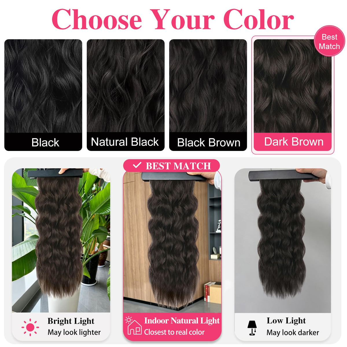 ALXNAN Long Wavy Clip in Hair Extensions 24-inch Dark Brown texture
