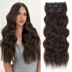 ALXNAN Long Wavy Clip in Hair Extensions 24-inch Deep Chocolate Brown front view