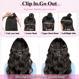 ALXNAN Long Wavy Clip in Hair Extensions 24-inch Deep Chocolate Brown styled on a mannequin