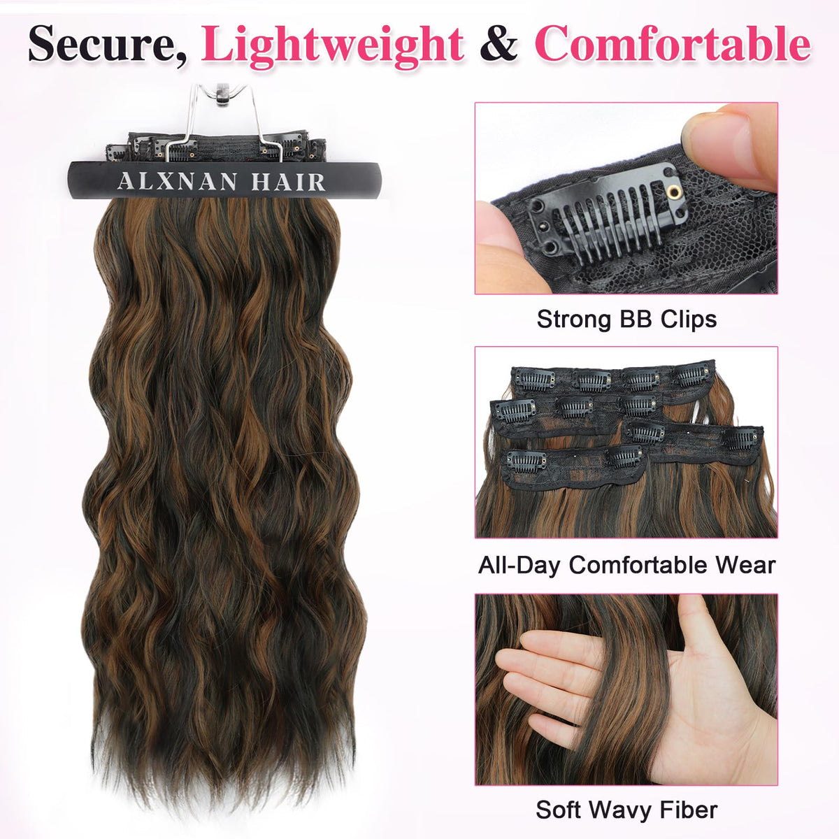 ALXNAN Long Wavy Clip in Hair Extensions 24 inch displayed on a mannequin