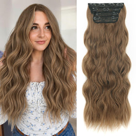 ALXNAN Long Wavy Clip in Hair Extensions 24 inch Light Brown with Blonde front view