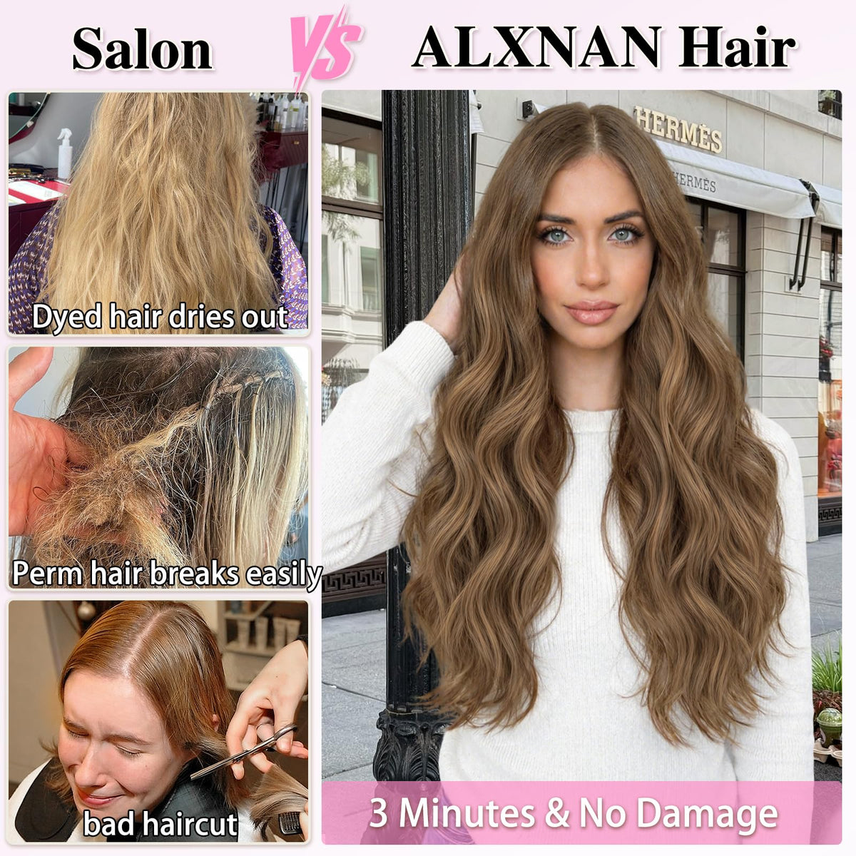 ALXNAN Long Wavy Clip in Hair Extensions 24 inch Light Brown with Blonde displayed on a mannequin