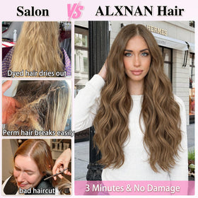 ALXNAN Long Wavy Clip in Hair Extensions 24 inch Light Brown with Blonde displayed on a mannequin