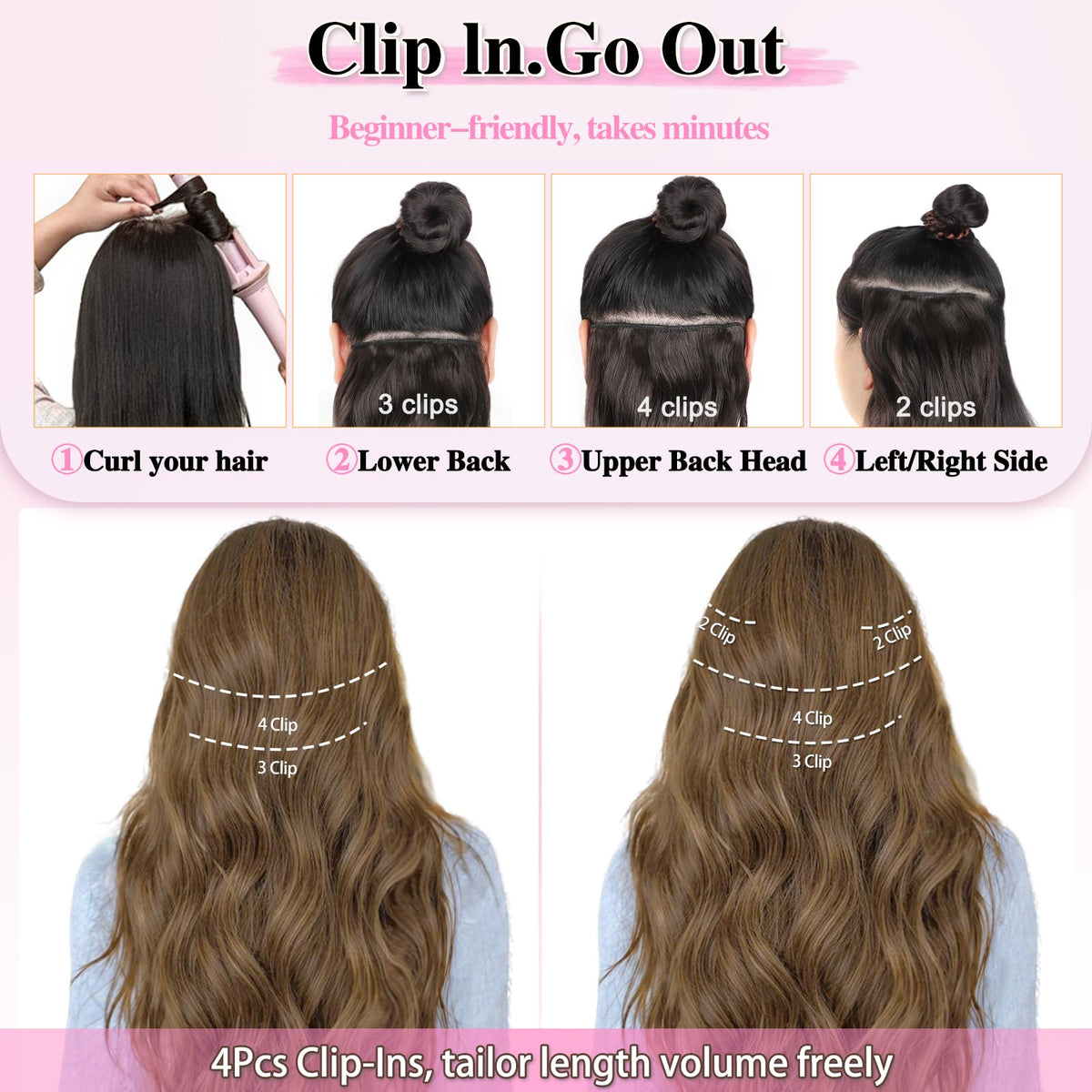 ALXNAN Long Wavy Clip in Hair Extensions 24 inch Light Brown with Blonde in packaging
