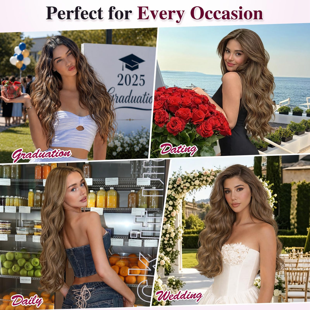 ALXNAN Long Wavy Clip in Hair Extensions 24 inch Light Brown with Blonde styled on a model