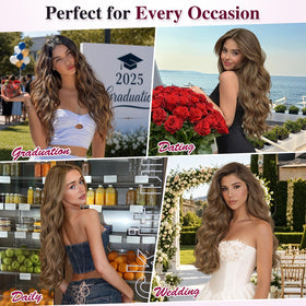 ALXNAN Long Wavy Clip in Hair Extensions 24 inch Light Brown with Blonde styled on a model