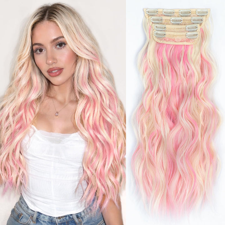 ALXNAN Long Wavy Clip in Hair Extensions 24-inch Light Pink Mix Blonde front view