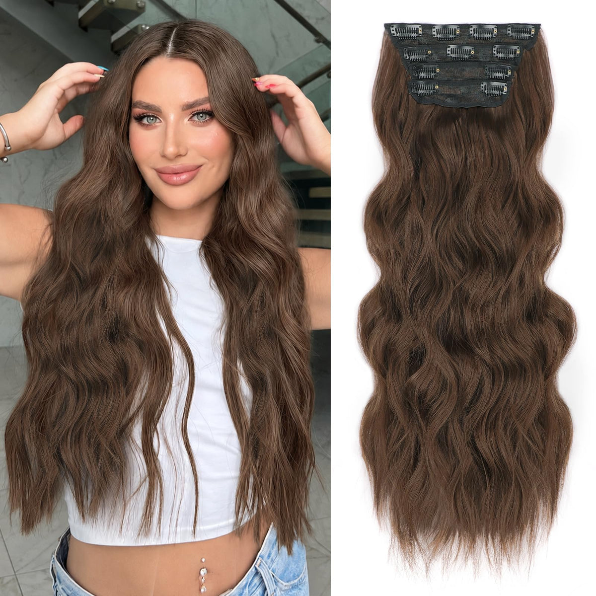 ALXNAN Long Wavy Clip in Hair Extensions 24-inch Medium Brown front view