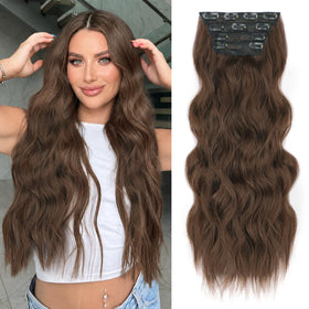 ALXNAN Long Wavy Clip in Hair Extensions 24-inch Medium Brown front view