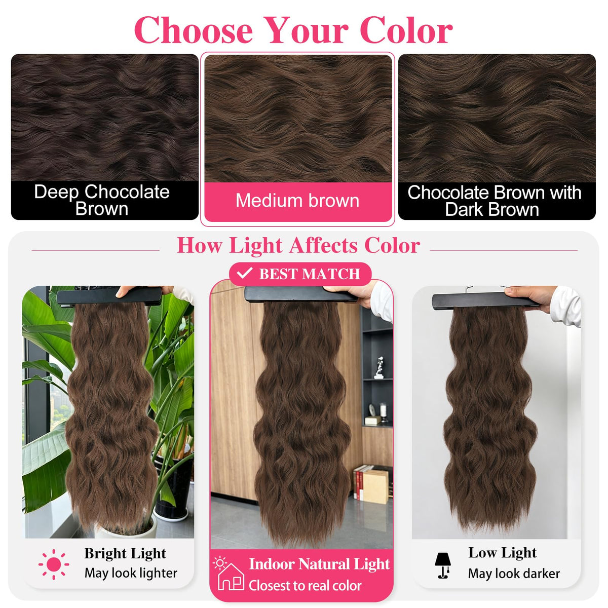 ALXNAN Long Wavy Clip in Hair Extensions 24-inch Medium Brown texture detail