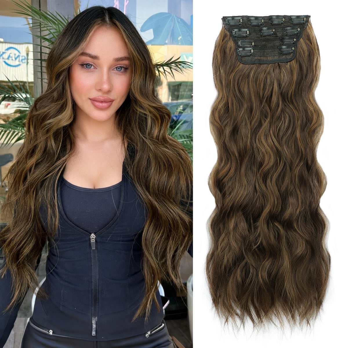 ALXNAN Long Wavy Clip in Hair Extensions 24 inch medium brown with blonde highlights front view