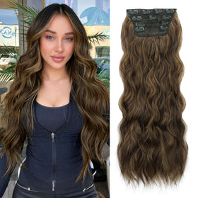 ALXNAN Long Wavy Clip in Hair Extensions 24 inch medium brown with blonde highlights front view