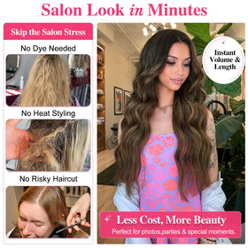 ALXNAN Long Wavy Clip in Hair Extensions 24 inch medium brown with blonde highlights close-up of clips