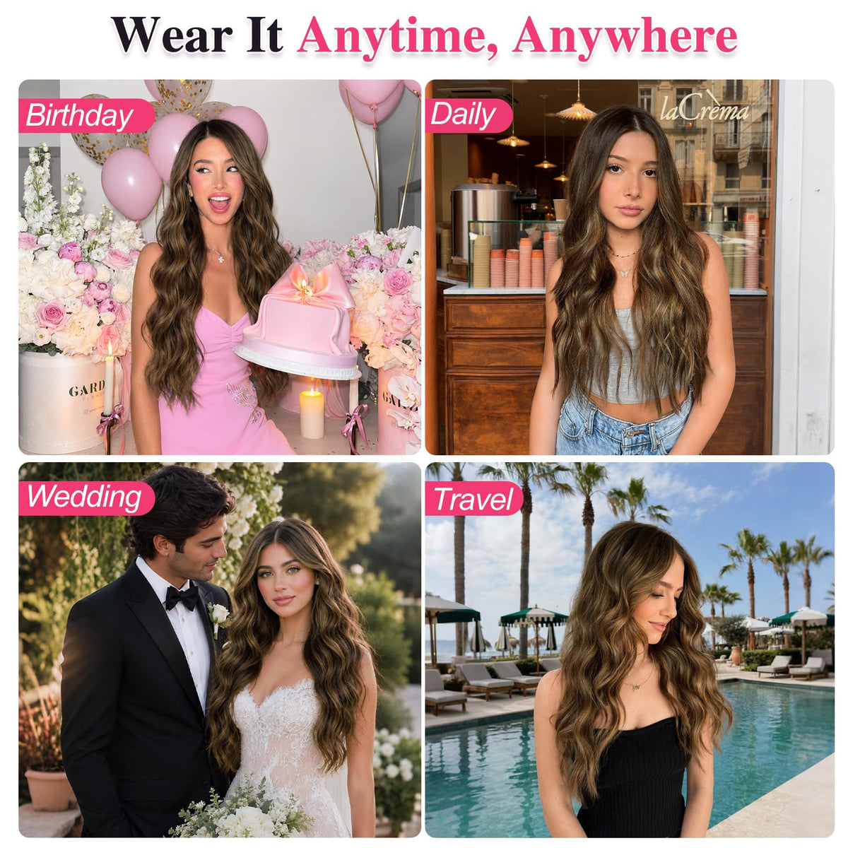 ALXNAN Long Wavy Clip in Hair Extensions 24 inch medium brown with blonde highlights back view
