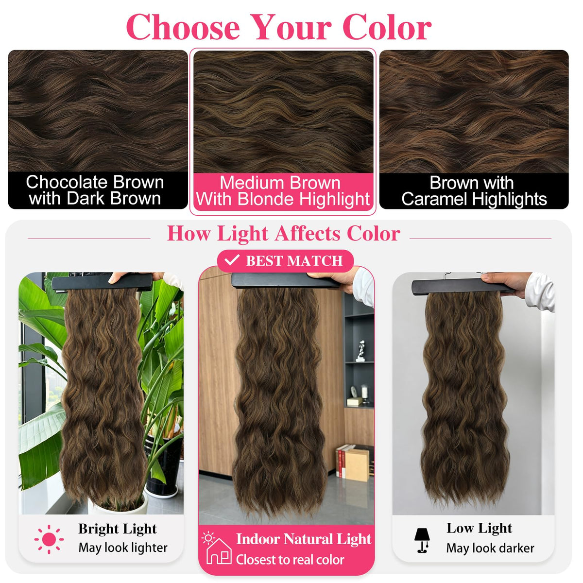 ALXNAN Long Wavy Clip in Hair Extensions 24 inch medium brown with blonde highlights different weft sizes