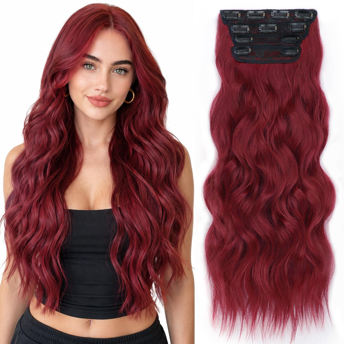 ALXNAN Long Wavy Clip in Hair Extensions 24 inch Red front view