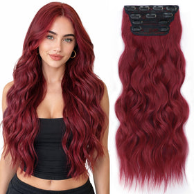 ALXNAN Long Wavy Clip in Hair Extensions 24 inch Red front view