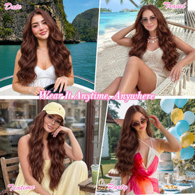 ALXNAN Long Wavy Clip in Hair Extensions 24 inch Reddish Brown back view