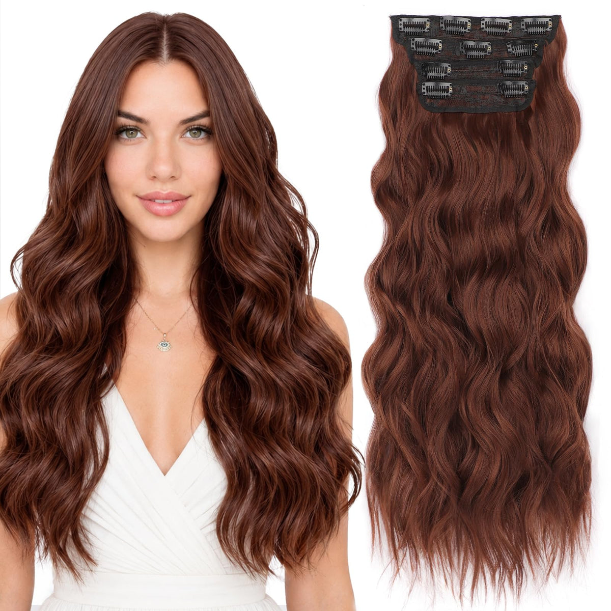 ALXNAN Long Wavy Clip in Hair Extensions 24 inch Reddish Brown front view