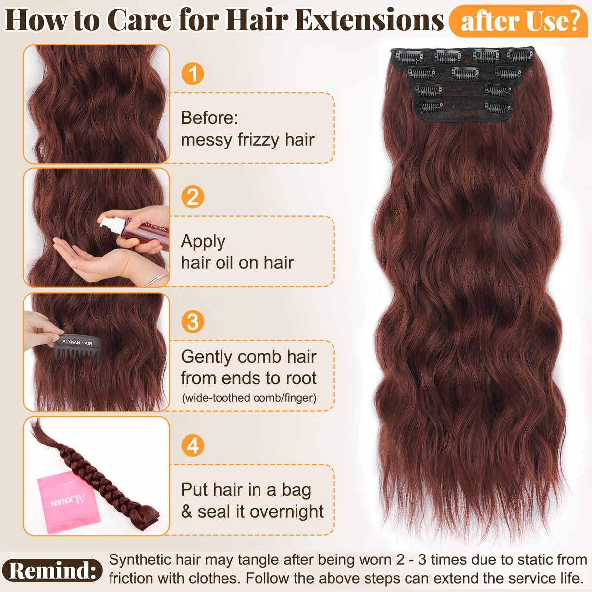 ALXNAN Long Wavy Clip in Hair Extensions 24-inch Wine Red close-up of clips