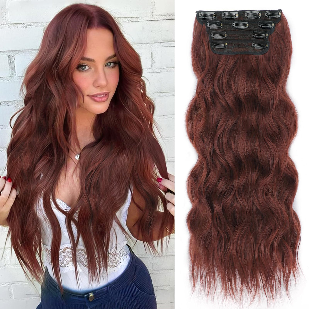 ALXNAN Long Wavy Clip in Hair Extensions 24-inch Wine Red front view