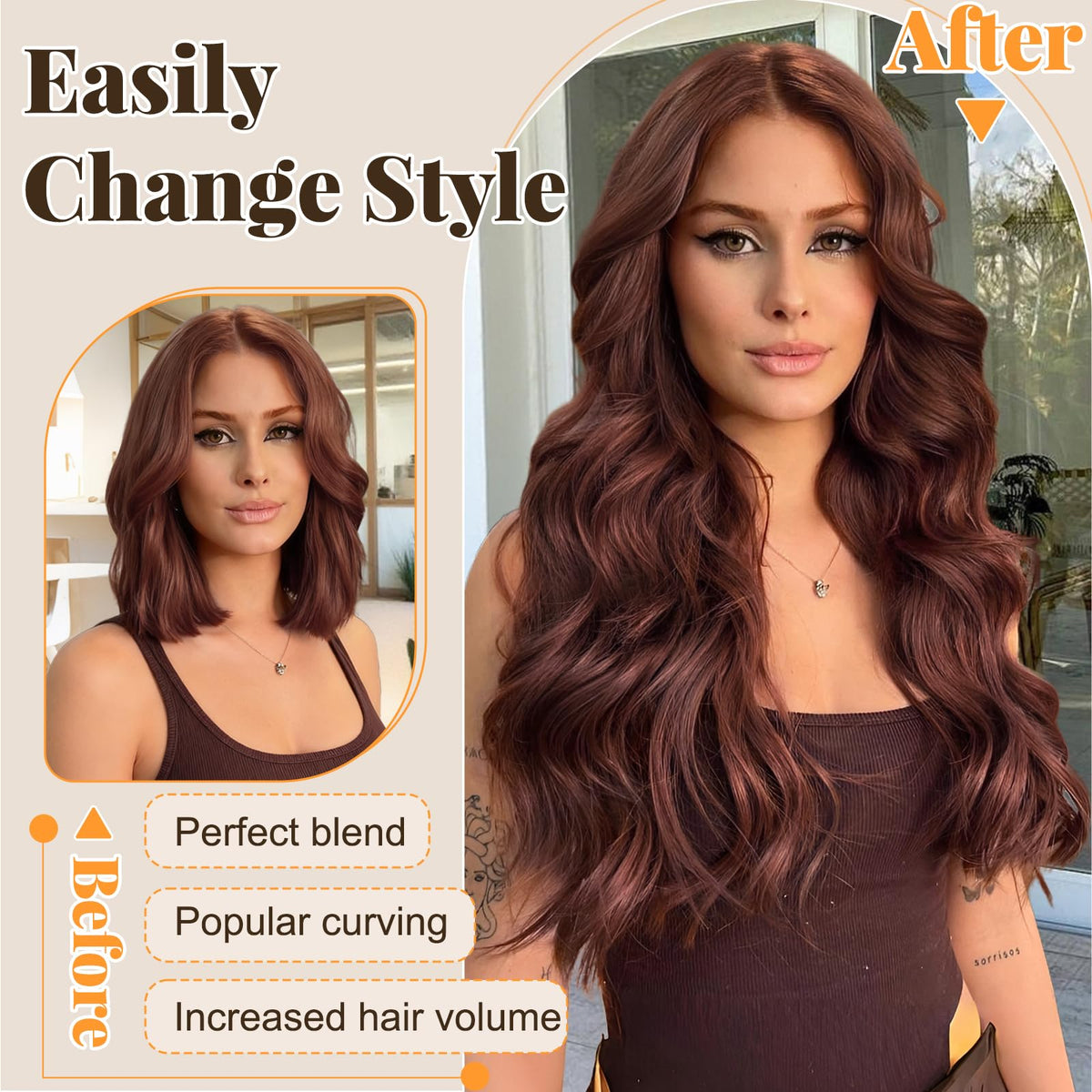 ALXNAN Long Wavy Clip in Hair Extensions 24-inch Wine Red side view