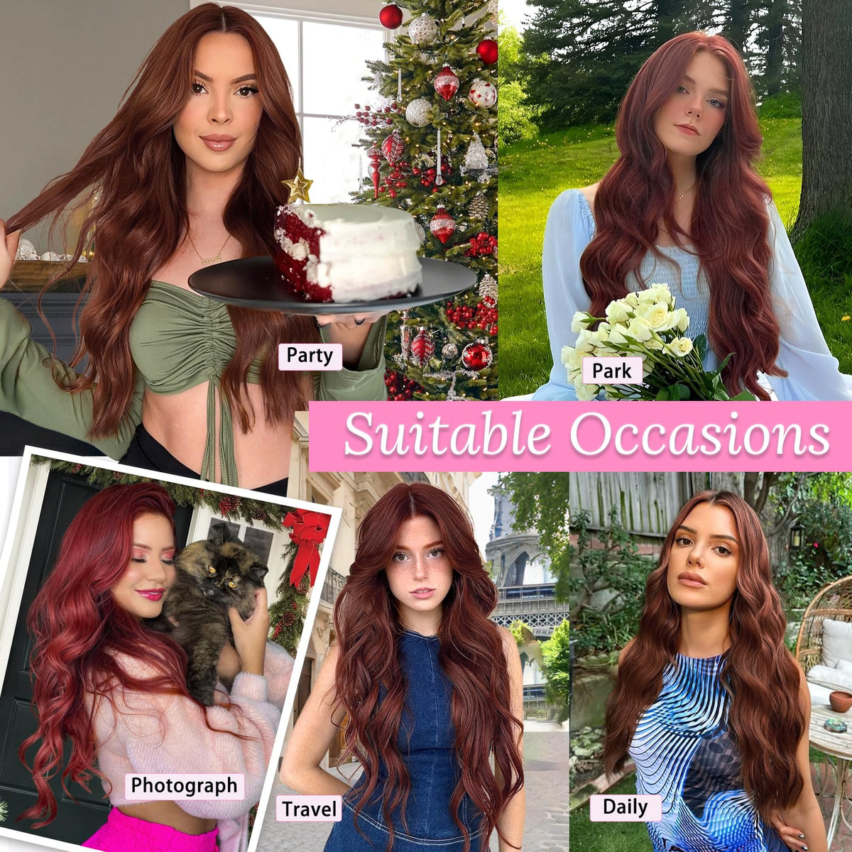 ALXNAN Long Wavy Clip in Hair Extensions 24-inch Wine Red styled on model